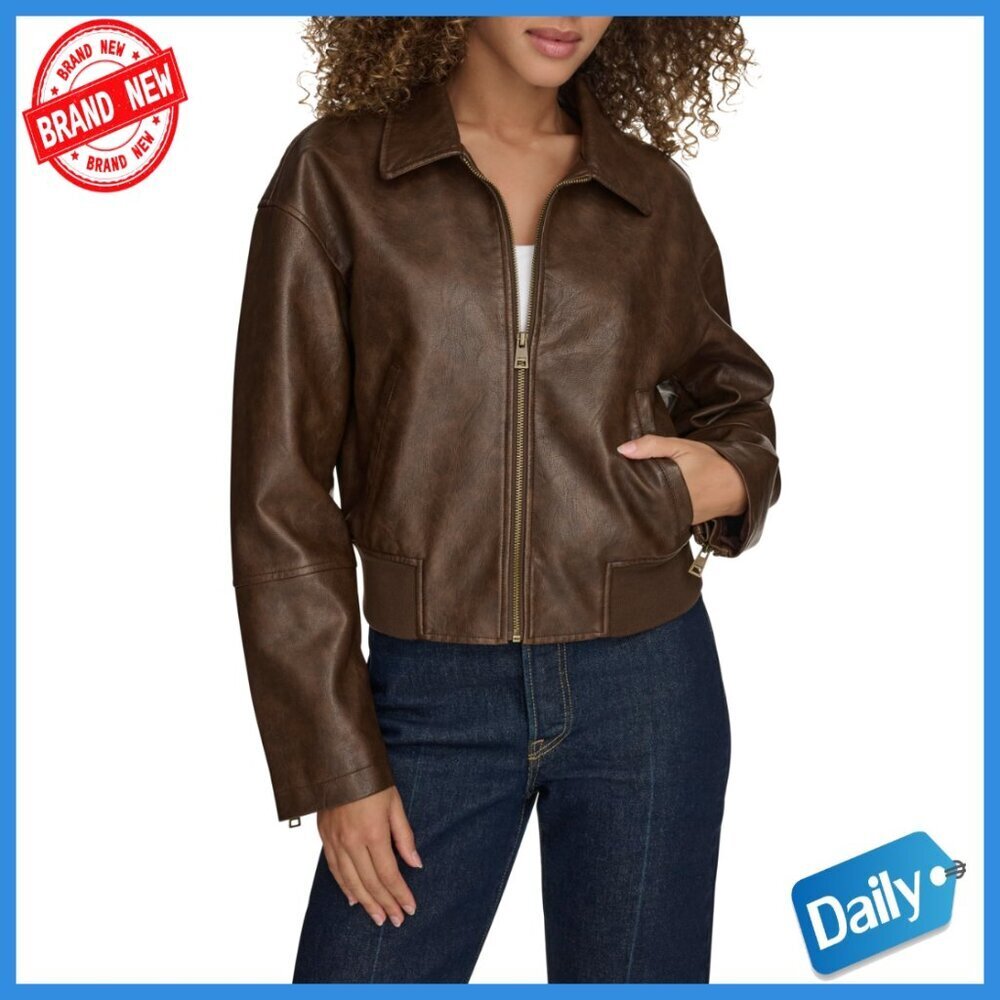 Faux Leather Bomber Jacket with Laydown Collar and Adjustable Cuffs